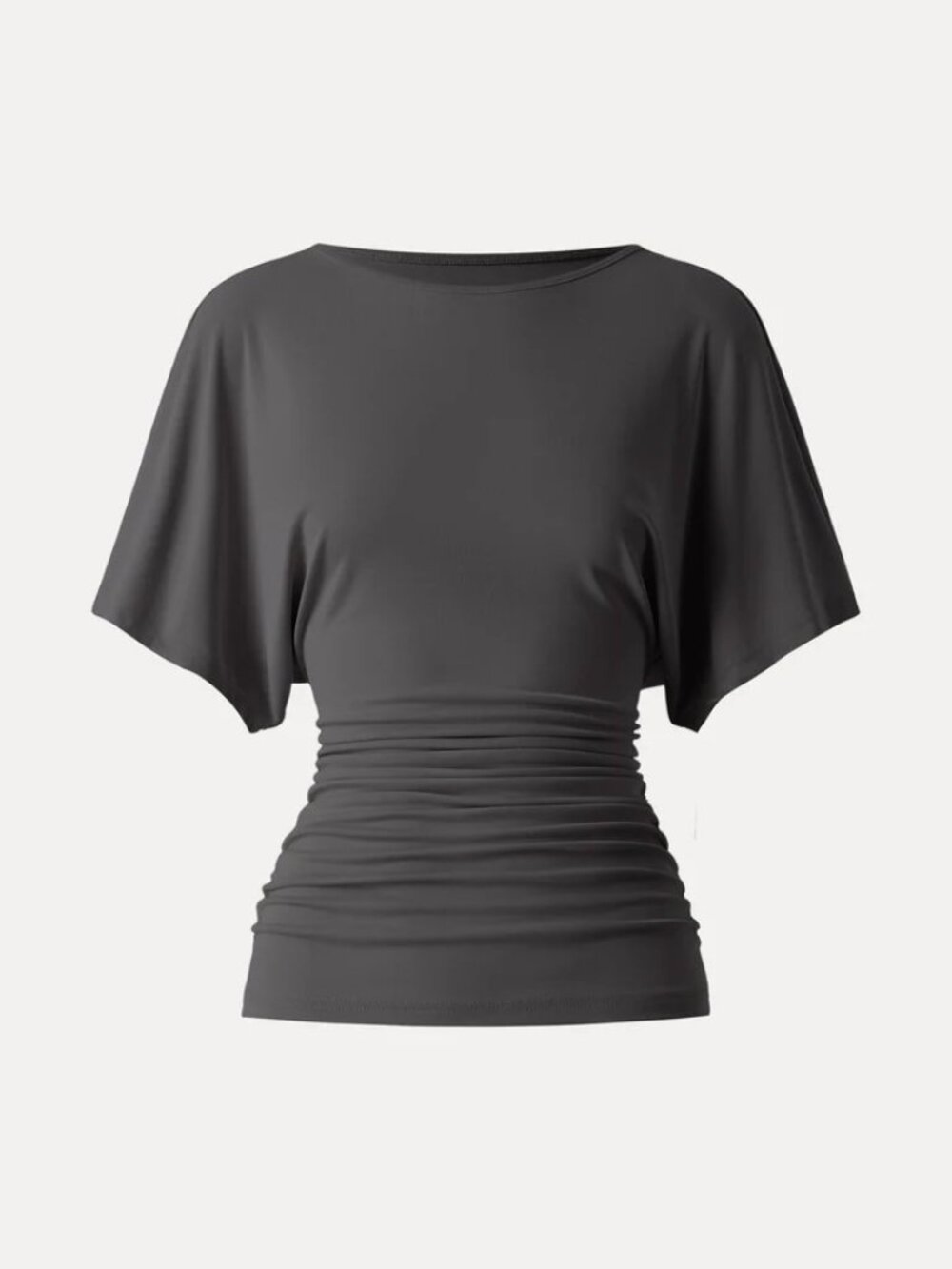 Effortless Boatneck Batwing Sleeve Side Ruched Top - Shadow